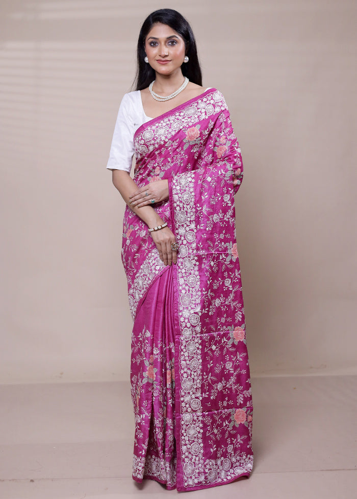 Pink Handloom Tussar Pure Silk Saree With Blouse Piece