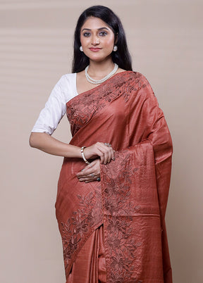 Brown Handloom Tussar Pure Silk Saree With Blouse Piece