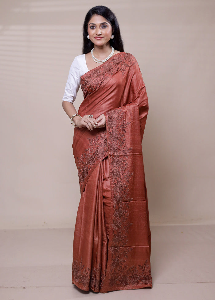 Brown Handloom Tussar Pure Silk Saree With Blouse Piece