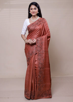 Brown Handloom Tussar Pure Silk Saree With Blouse Piece