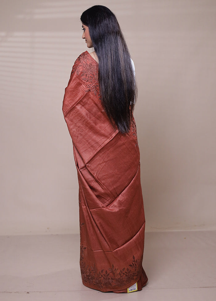 Brown Handloom Tussar Pure Silk Saree With Blouse Piece