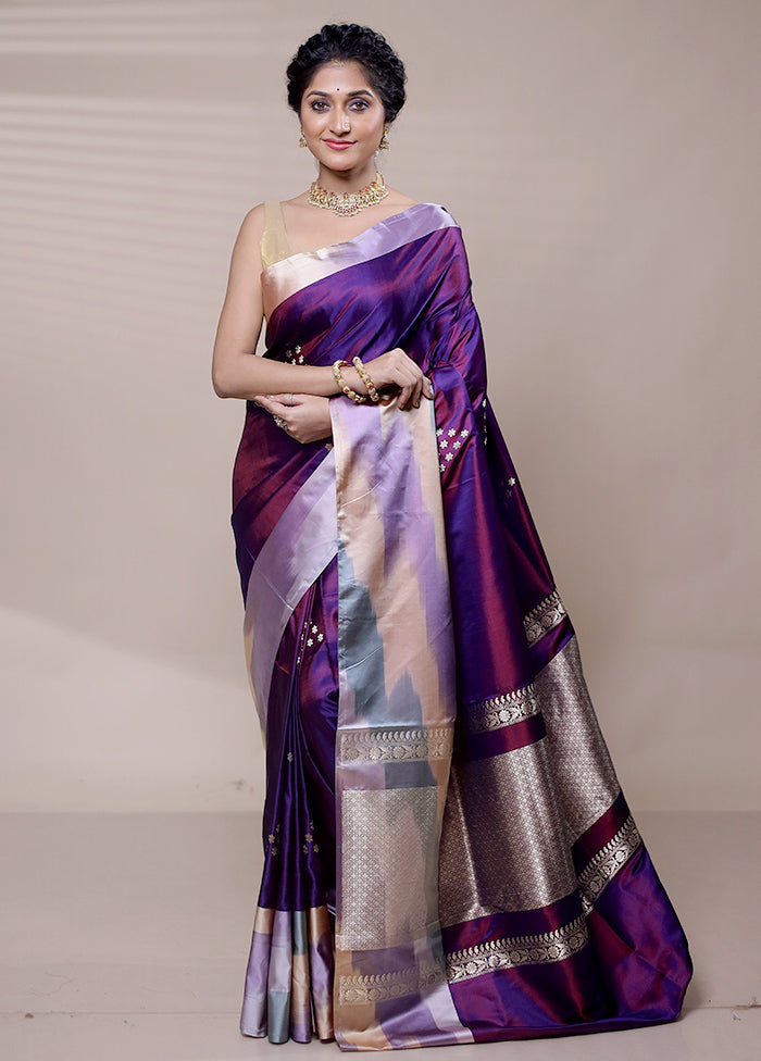 Purple Handloom Katan Pure Silk Saree With Blouse Piece