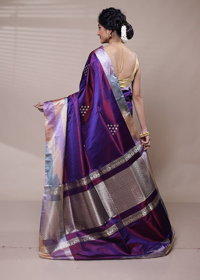 Purple Handloom Katan Pure Silk Saree With Blouse Piece