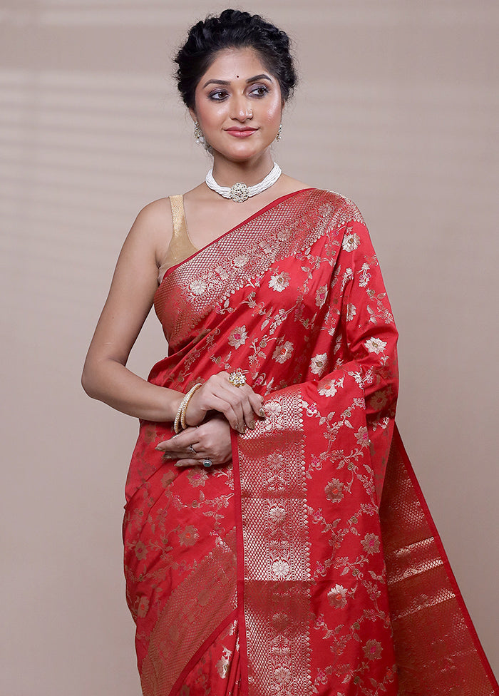 Red Dupion Silk Saree With Blouse Piece