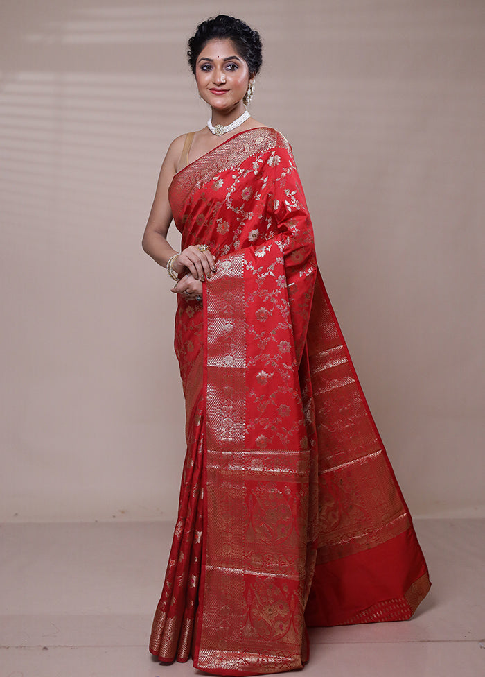 Red Dupion Silk Saree With Blouse Piece