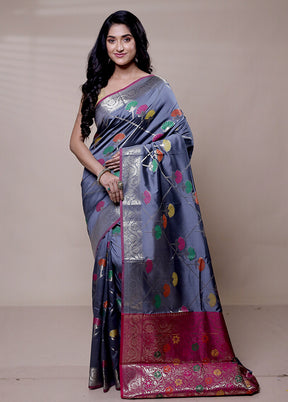 Grey Dupion Silk Saree With Blouse Piece