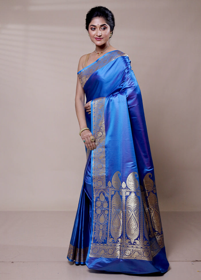 Blue Banarasi Silk Saree With Blouse Piece