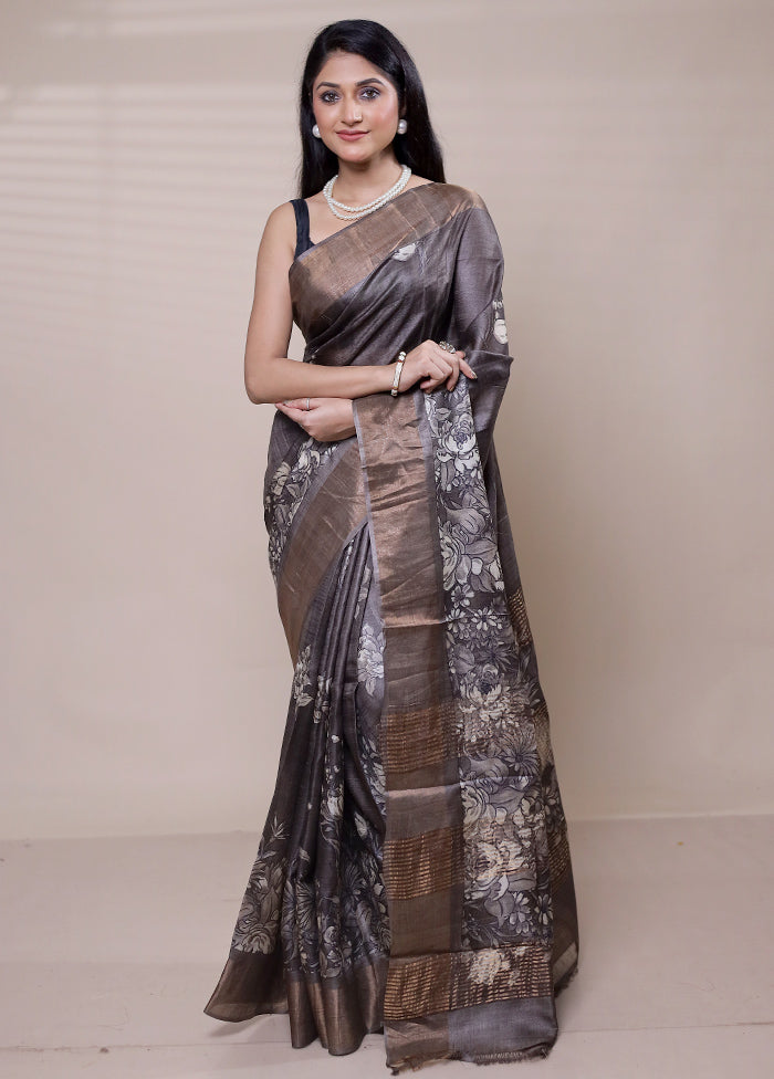 Grey Handloom Tussar Pure Silk Saree With Blouse Piece