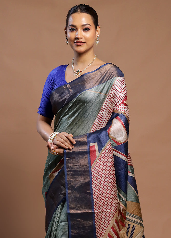 Green Handloom Tussar Pure Silk Saree With Blouse Piece