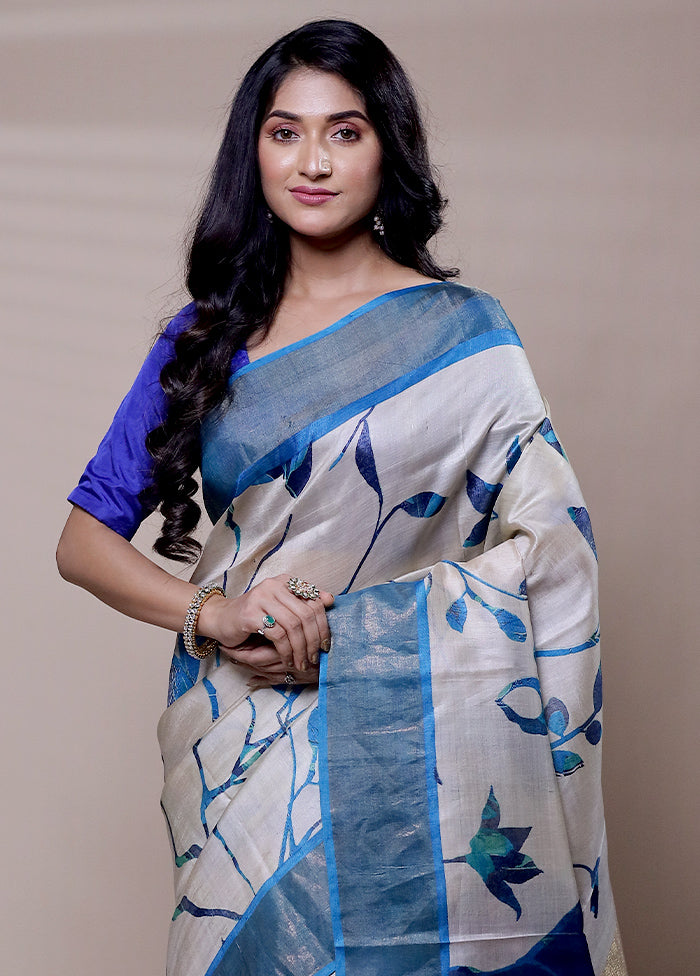 Cream Handloom Tussar Pure Silk Saree With Blouse Piece