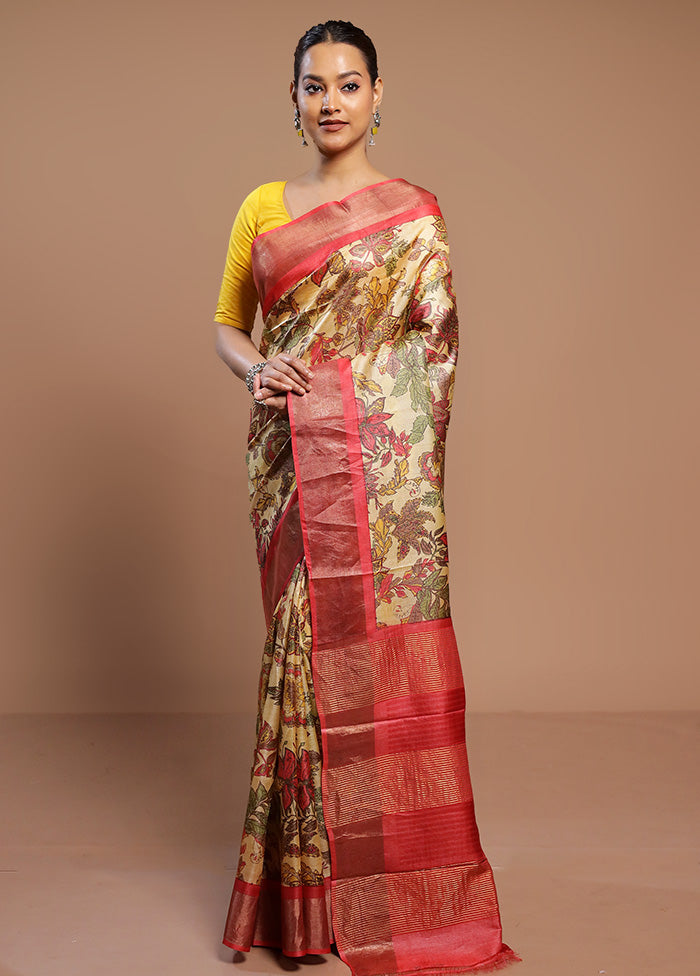 Cream Handloom Tussar Pure Silk Saree With Blouse Piece