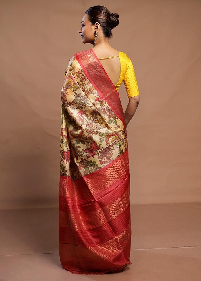 Cream Handloom Tussar Pure Silk Saree With Blouse Piece