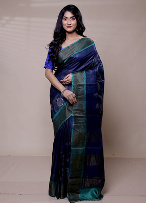 Blue Handloom Tussar Pure Silk Saree With Blouse Piece