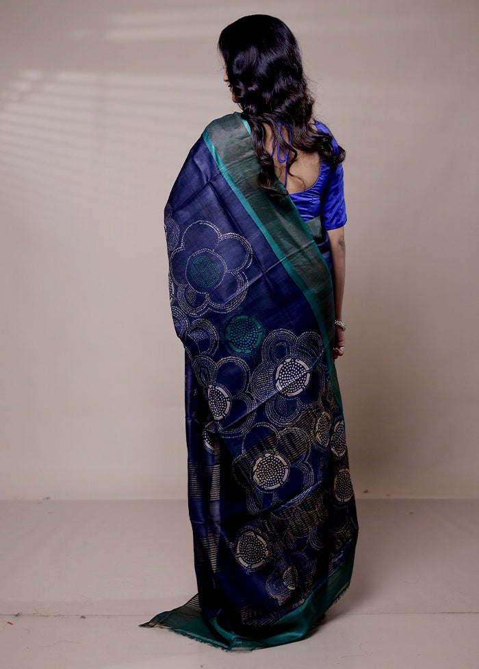 Blue Handloom Tussar Pure Silk Saree With Blouse Piece