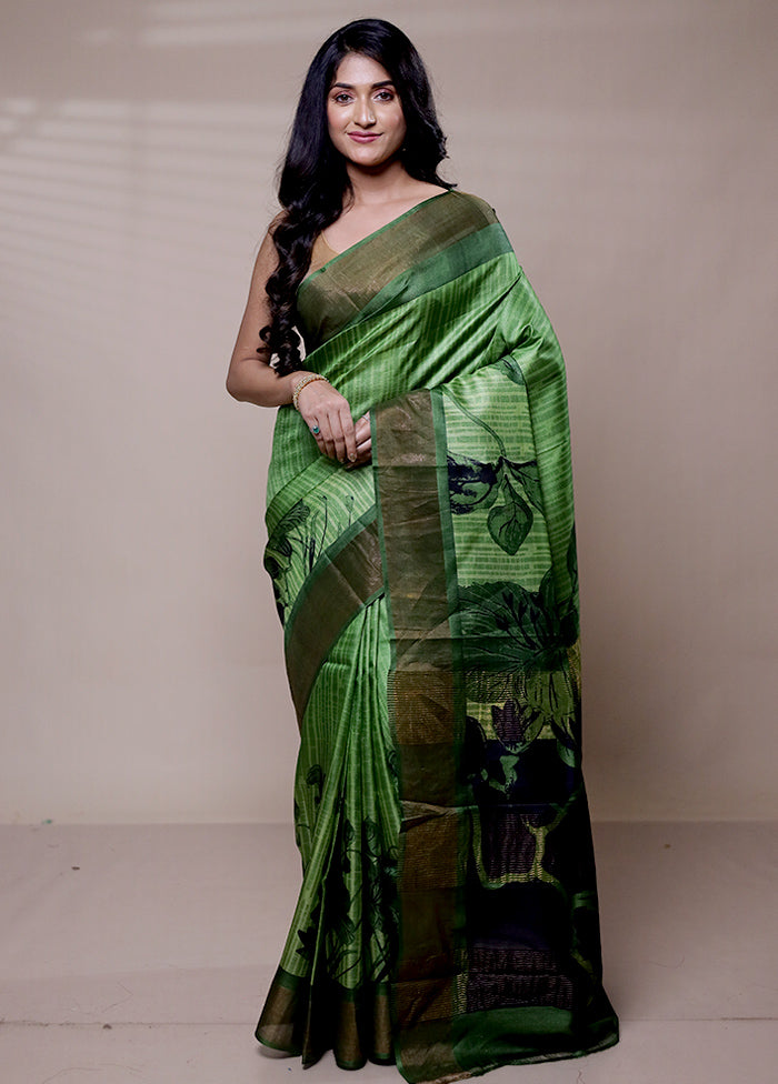 Green Handloom Tussar Pure Silk Saree With Blouse Piece