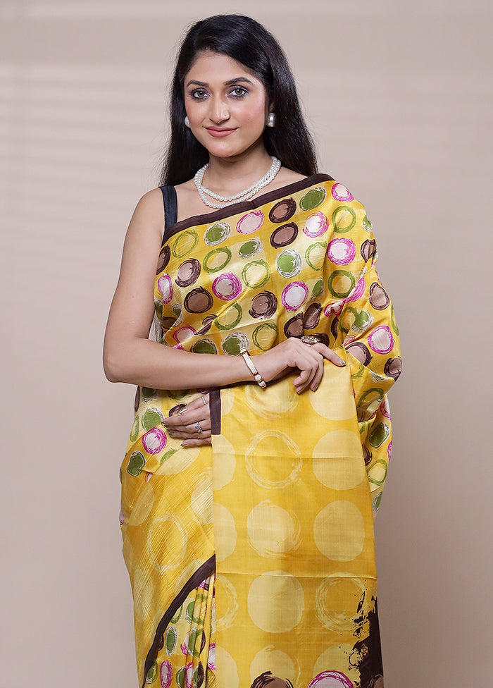 Yellow Printed Pure Silk Saree Without Blouse Piece