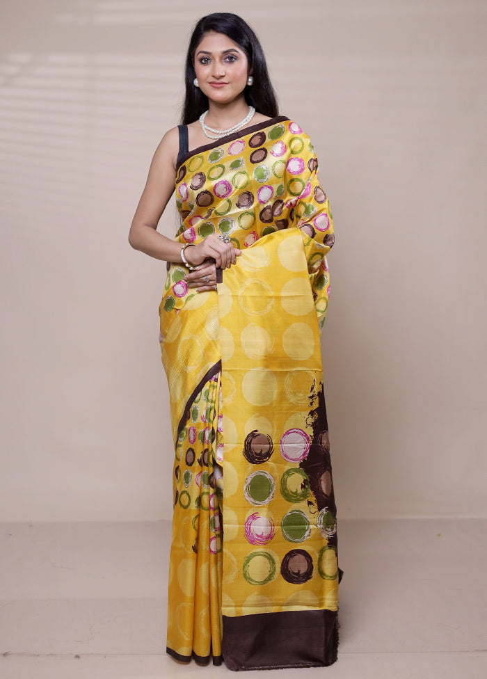 Yellow Printed Pure Silk Saree Without Blouse Piece