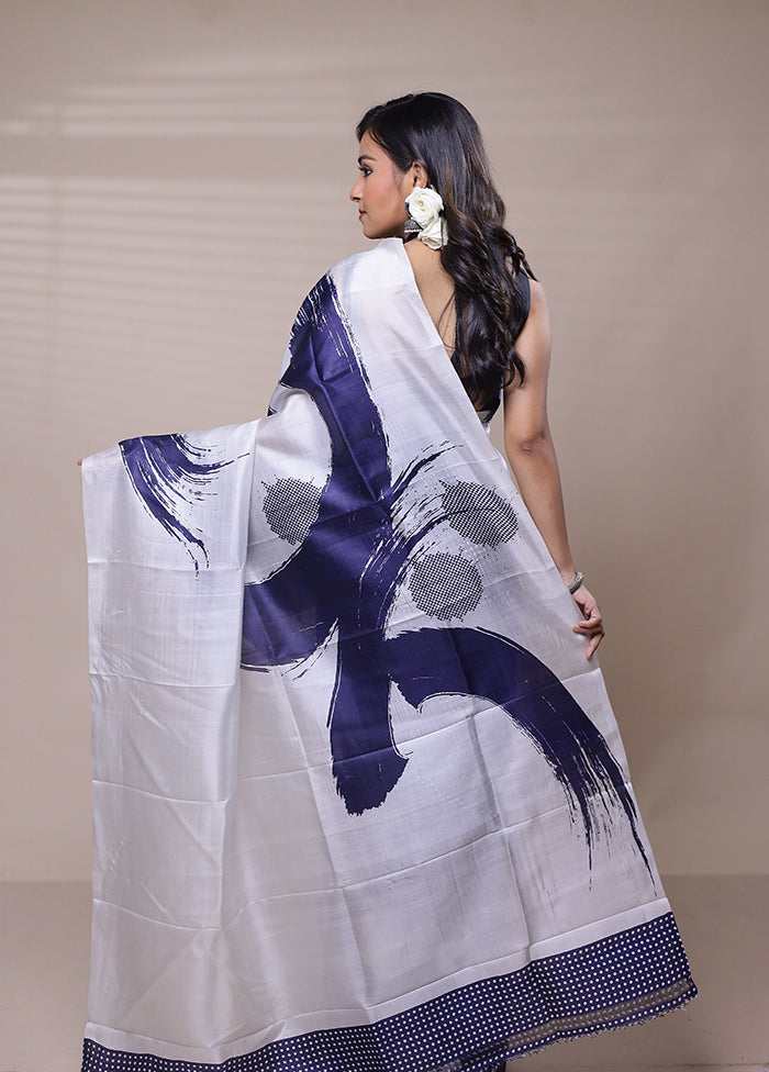 White Printed Pure Silk Saree Without Blouse Piece