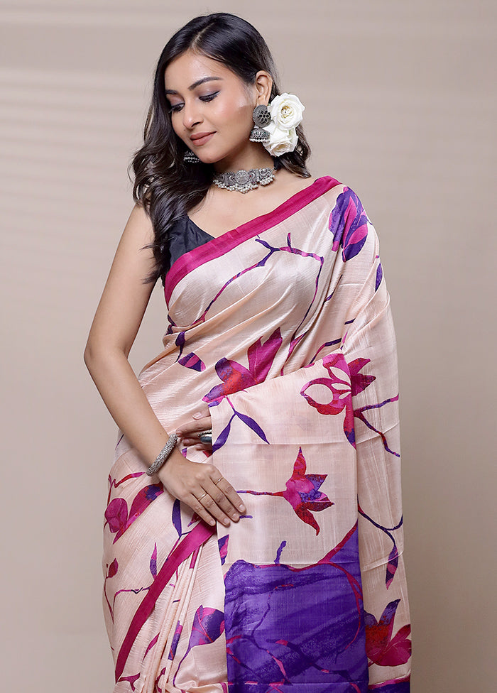 Beige Printed Pure Silk Saree Without Blouse Piece