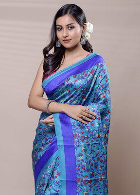 Blue Printed Pure Silk Saree Without Blouse Piece