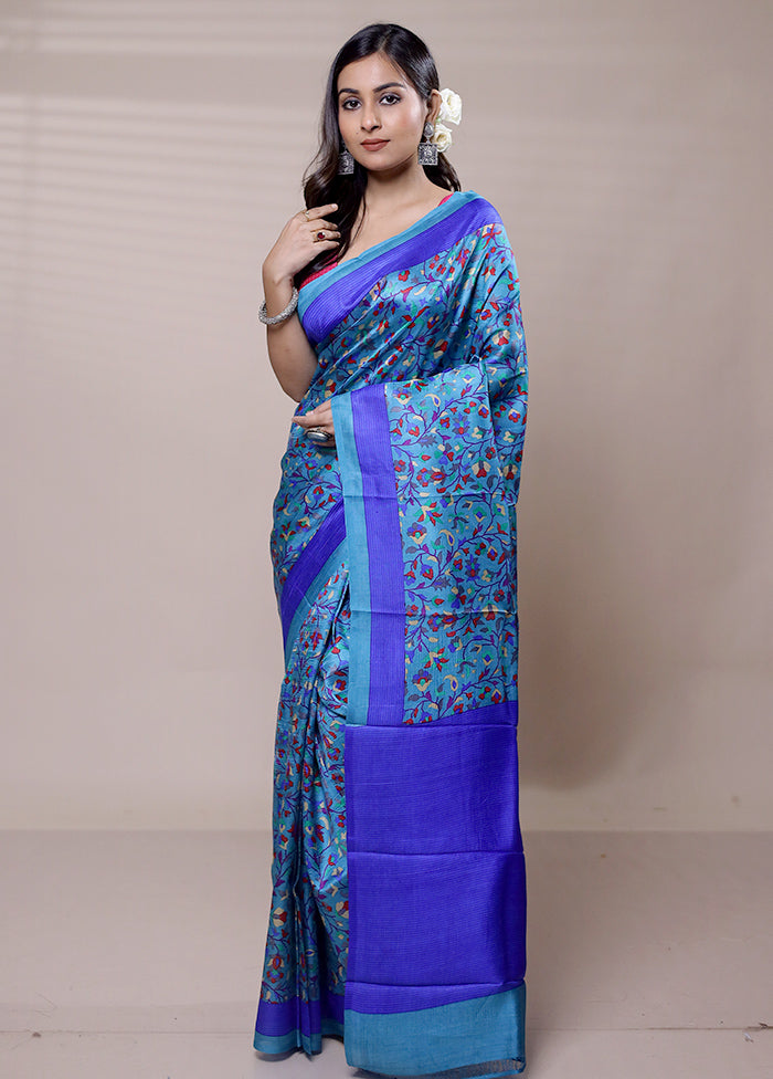 Blue Printed Pure Silk Saree Without Blouse Piece