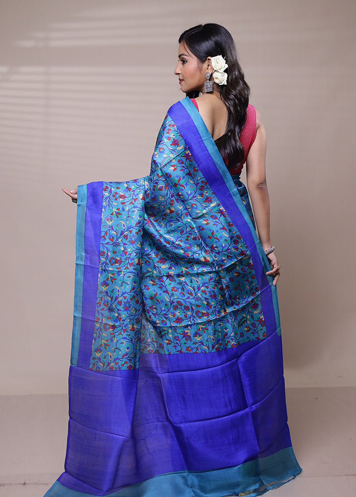 Blue Printed Pure Silk Saree Without Blouse Piece