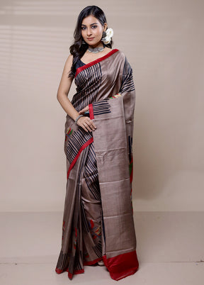 Brown Printed Pure Silk Saree Without Blouse Piece