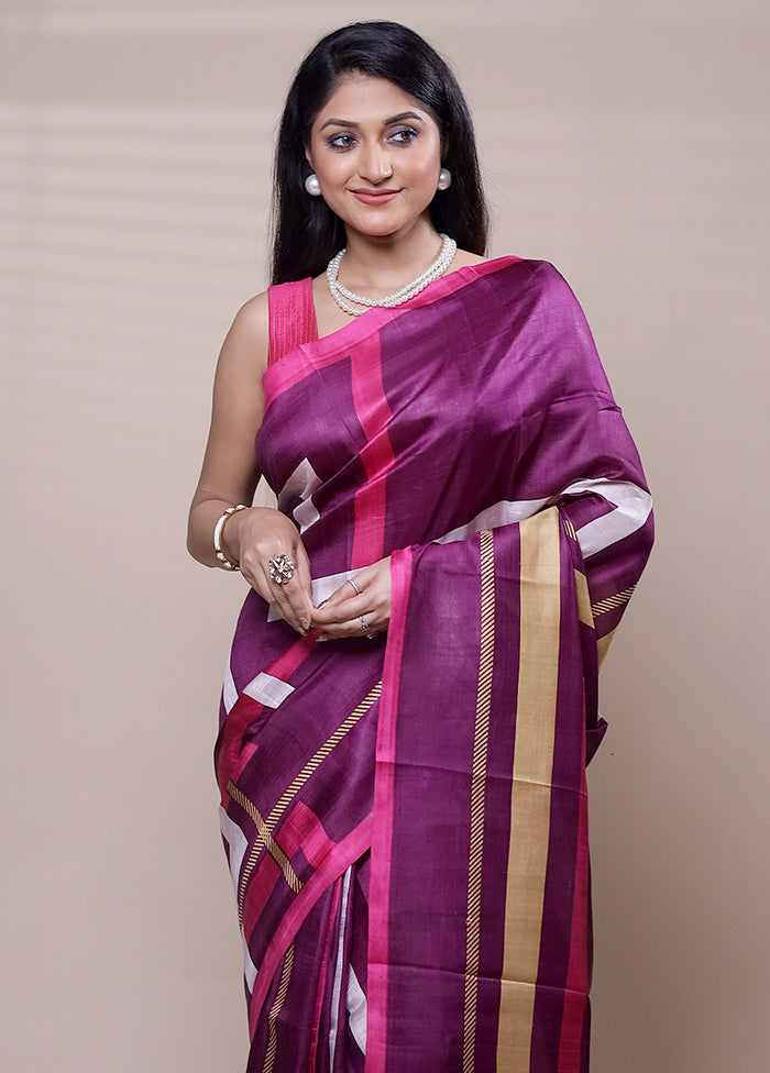 Purple Printed Pure Silk Saree Without Blouse Piece