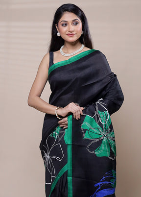 Black Printed Pure Silk Saree Without Blouse Piece