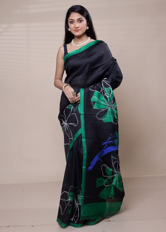 Black Printed Pure Silk Saree Without Blouse Piece