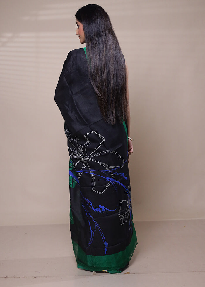 Black Printed Pure Silk Saree Without Blouse Piece