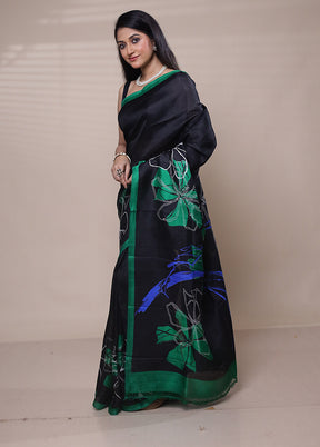 Black Printed Pure Silk Saree Without Blouse Piece