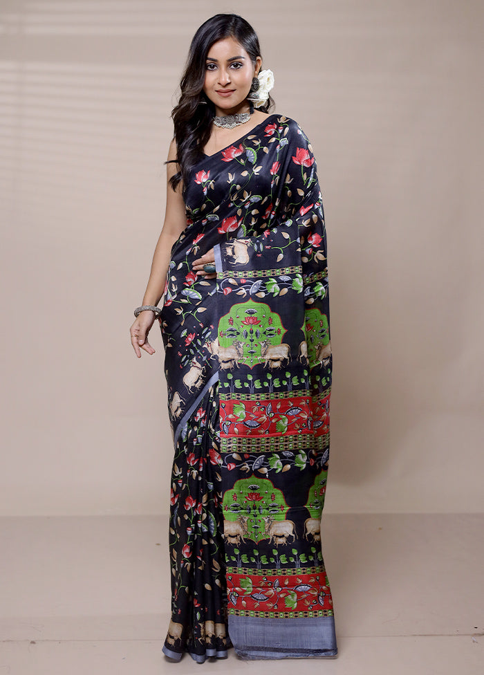 Black Printed Pure Silk Saree Without Blouse Piece