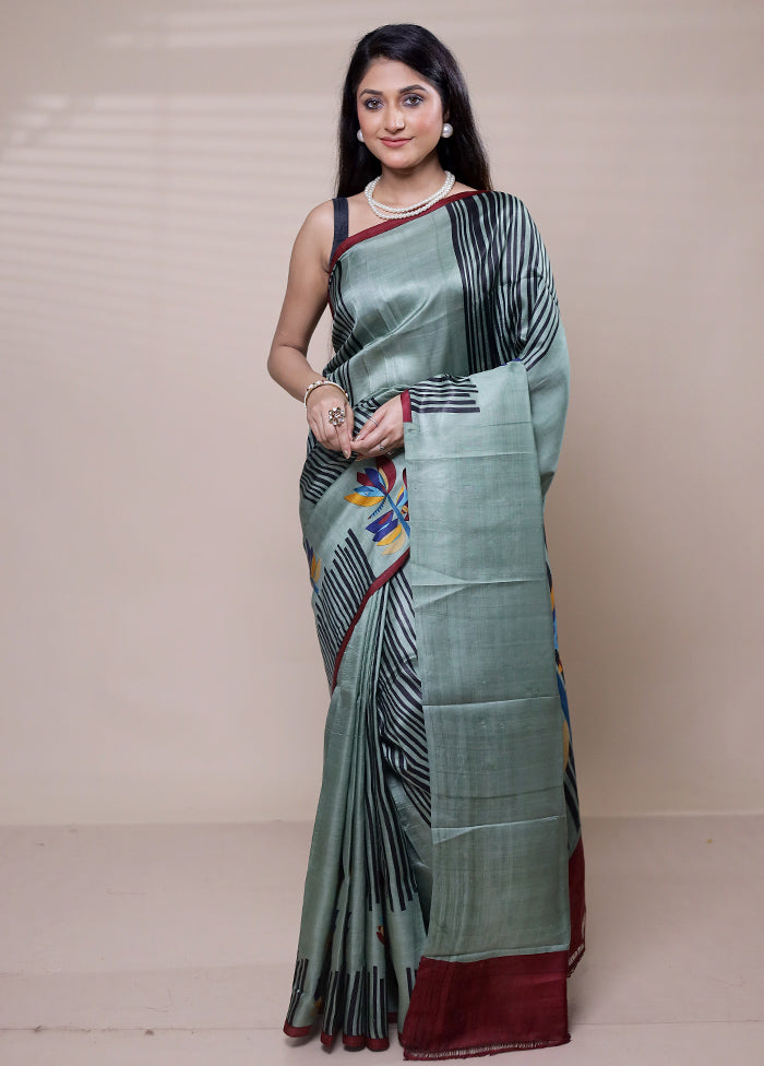 Green Printed Pure Silk Saree Without Blouse Piece