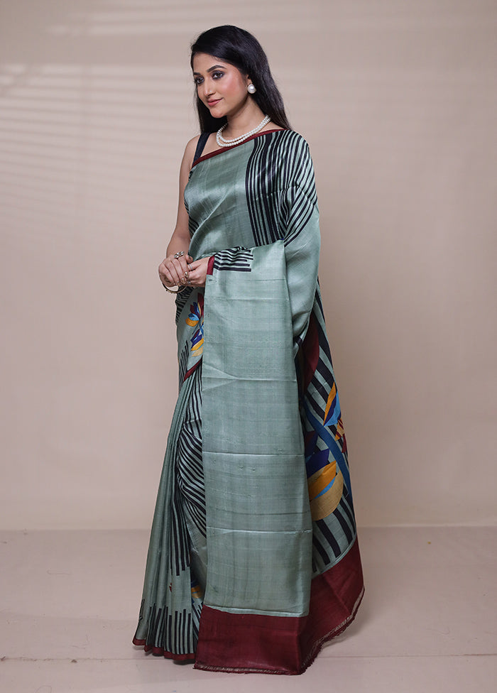 Green Printed Pure Silk Saree Without Blouse Piece