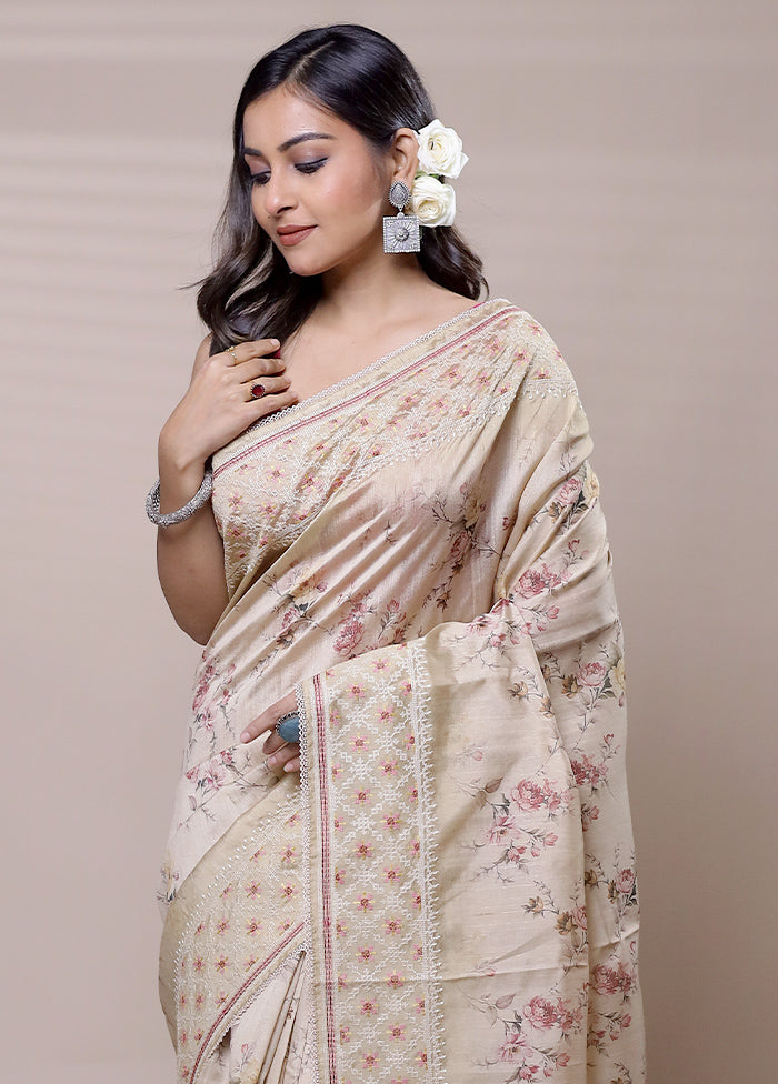 Beige Tussar Silk Saree With Blouse Piece