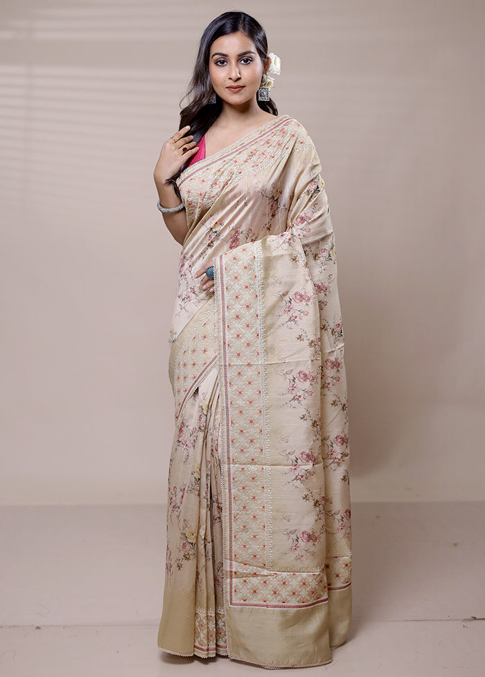 Beige Tussar Silk Saree With Blouse Piece