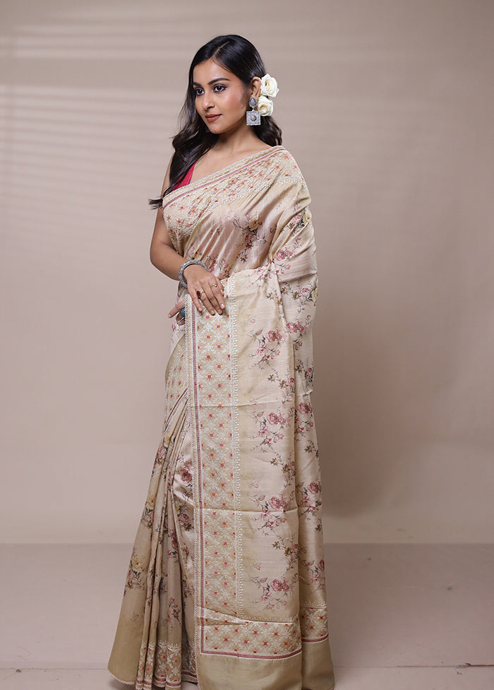 Beige Tussar Silk Saree With Blouse Piece