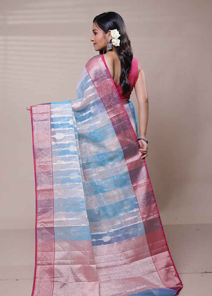 Blue Organza Saree With Blouse Piece