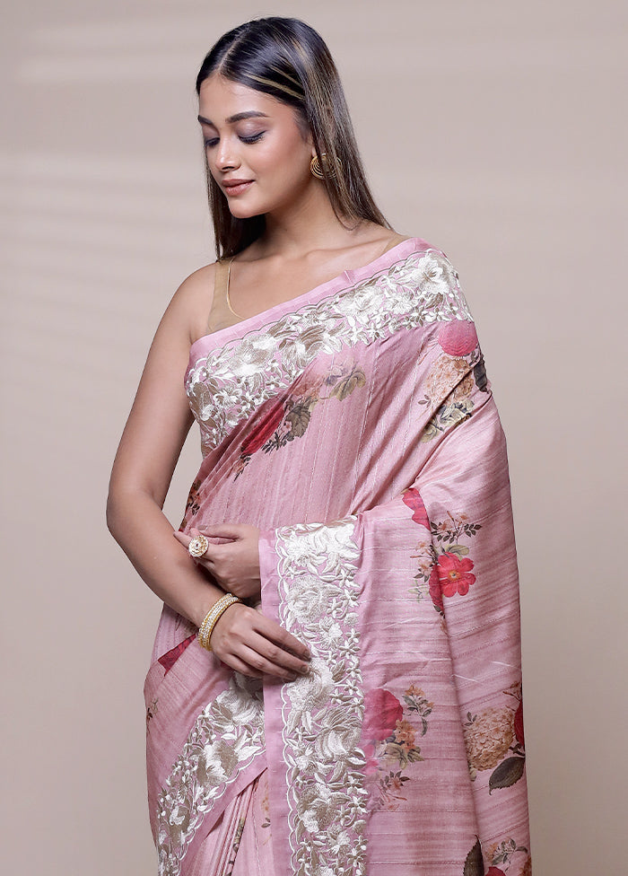 Pink Tussar Silk Saree With Blouse Piece