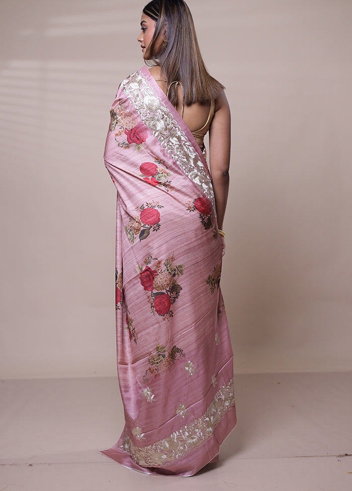 Pink Tussar Silk Saree With Blouse Piece