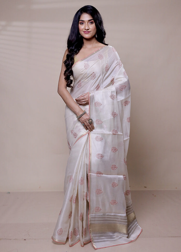 White Tussar Silk Saree With Blouse Piece