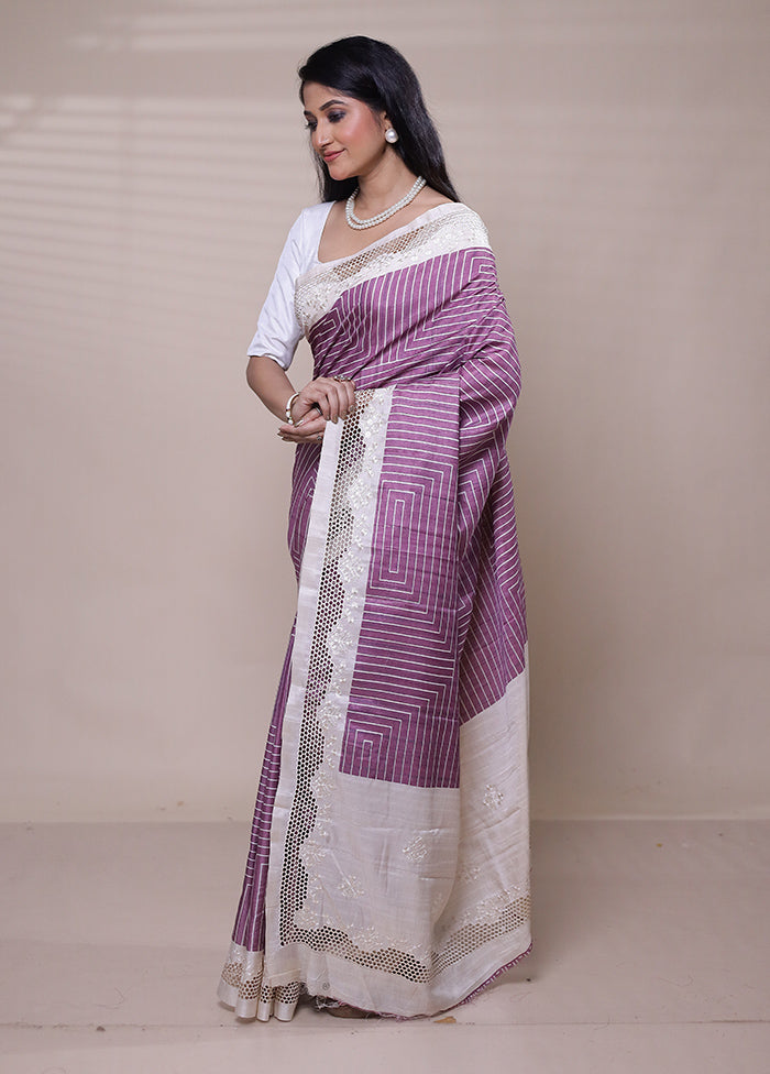 Purple Tussar Silk Saree With Blouse Piece