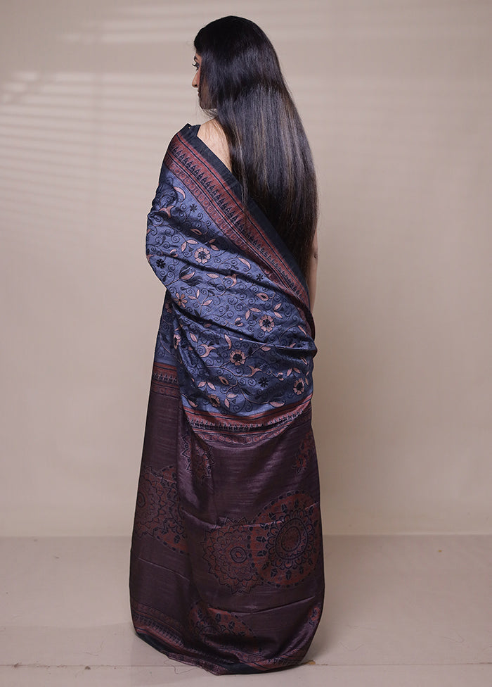 Grey Tussar Silk Saree With Blouse Piece