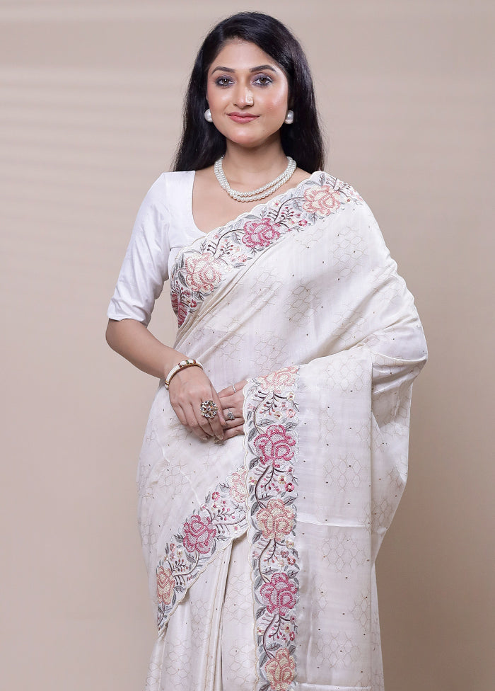 White Tussar Silk Saree With Blouse Piece