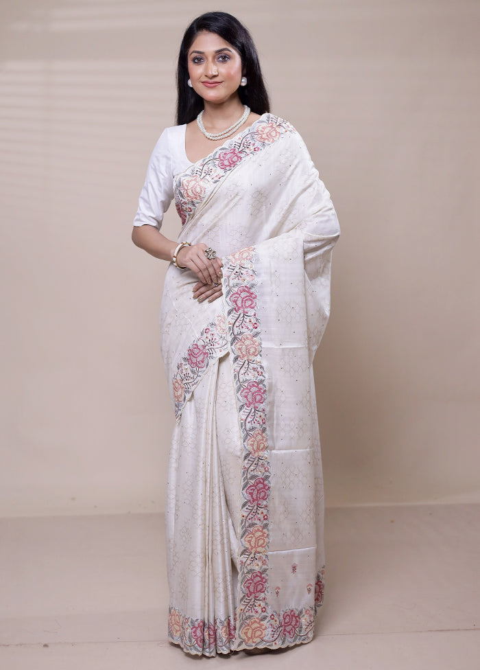 White Tussar Silk Saree With Blouse Piece