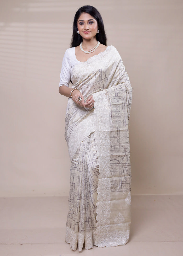 Cream Tussar Silk Saree With Blouse Piece