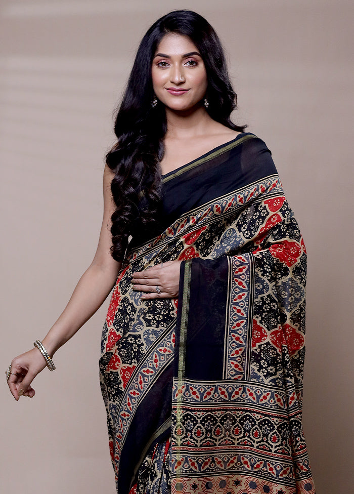 Black Chanderi Cotton Saree With Blouse Piece