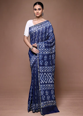 Blue Chanderi Cotton Saree With Blouse Piece