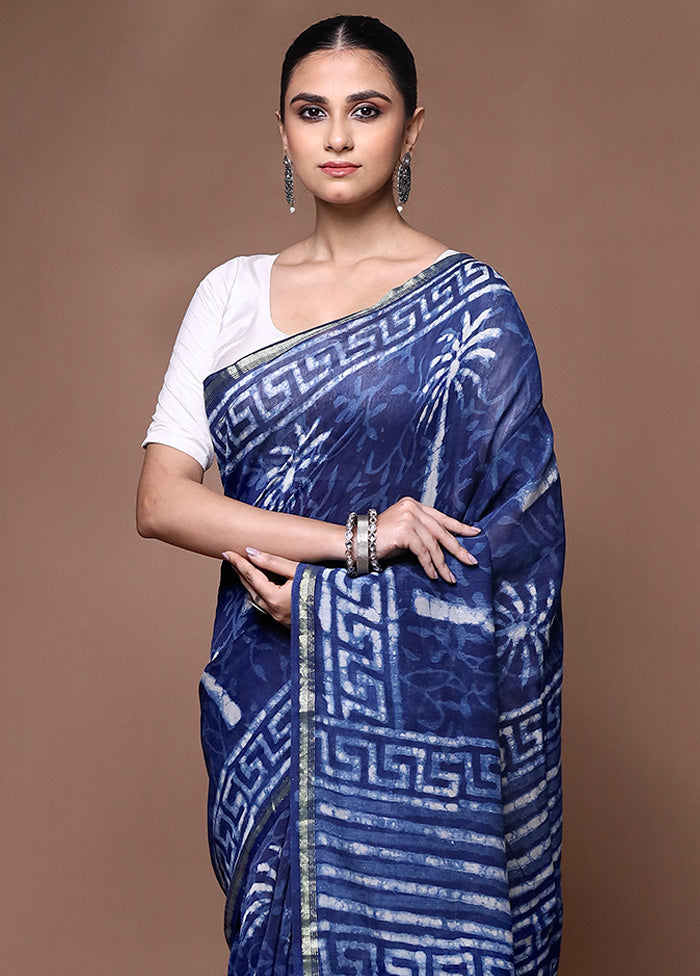 Blue Chanderi Cotton Saree With Blouse Piece